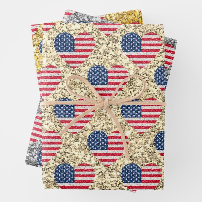   Cute Glitter Hearts Patriotic American USA Flag  Wrapping Paper Sheet (In situ)