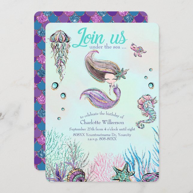 Cute Glitter Mermaid with Brown Hair Invitation (Front/Back)