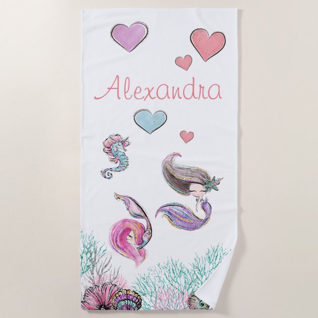 Cute Glitter Mermaids with Custom Name Beach Towel (Front)