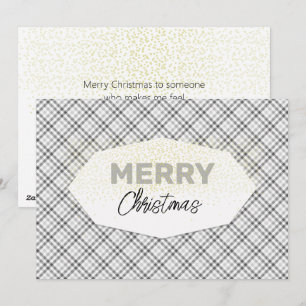 Cute Glitter Merry Christmas Tartan Grey White Holiday Card