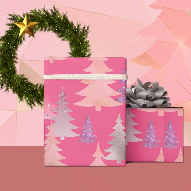 Cute Glitter Pink Christmas Tree Pattern Wrapping Paper (Creator Uploaded)