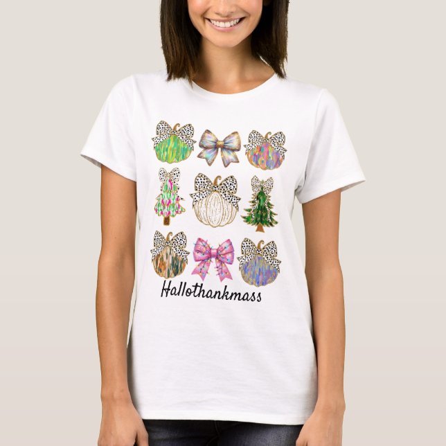 Cute Glitter Pumpkin Coquette Bow Hallothankmass T-Shirt (Front)