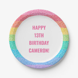 Cute Glitter Rainbow Colorful Custom Birthday Paper Plate