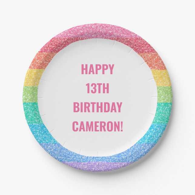 Cute Glitter Rainbow Colourful Custom Birthday Paper Plate (Front)
