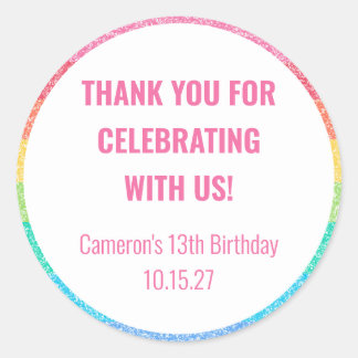 Cute Glitter Rainbow Custom Birthday Thank You Classic Round Sticker