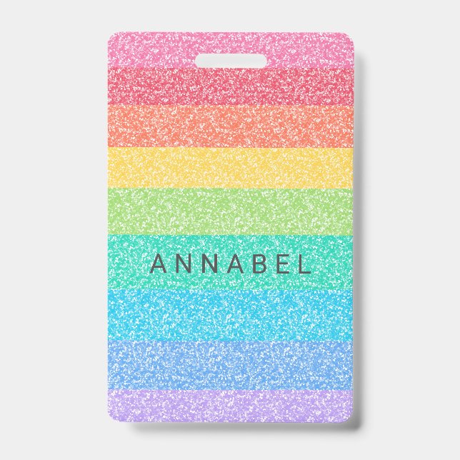 Cute Glitter Rainbow Stripes Colourful Custom Name Badge (Front)