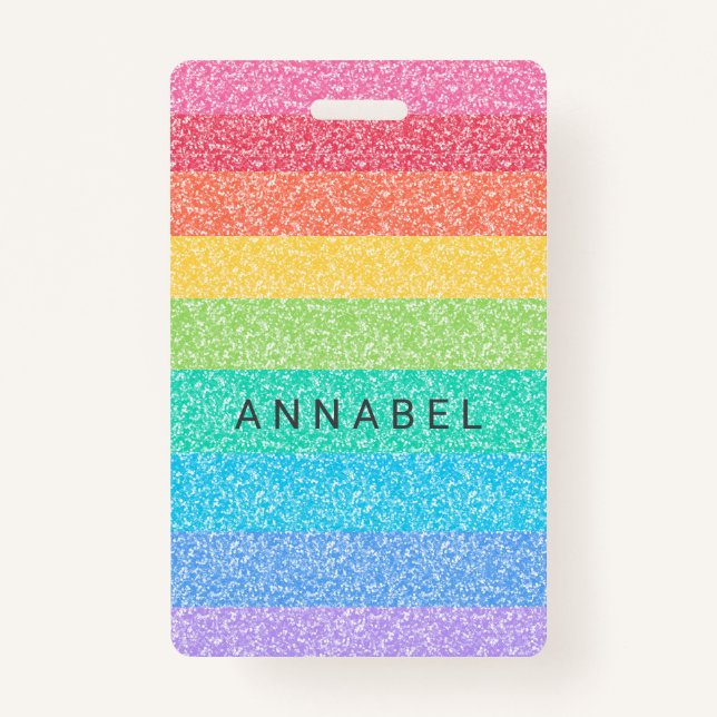 Cute Glitter Rainbow Stripes Colourful Custom Name Badge (Front)