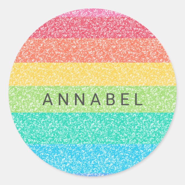 Cute Glitter Rainbow Stripes Colourful Custom Name Classic Round Sticker (Front)