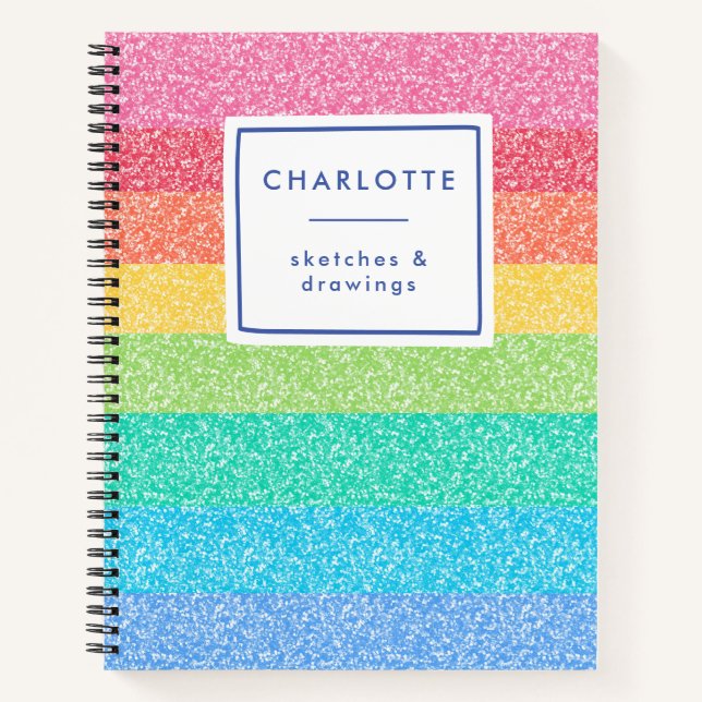 Cute Glitter Rainbow Stripes Colourful Name Sketch Notebook (Front)