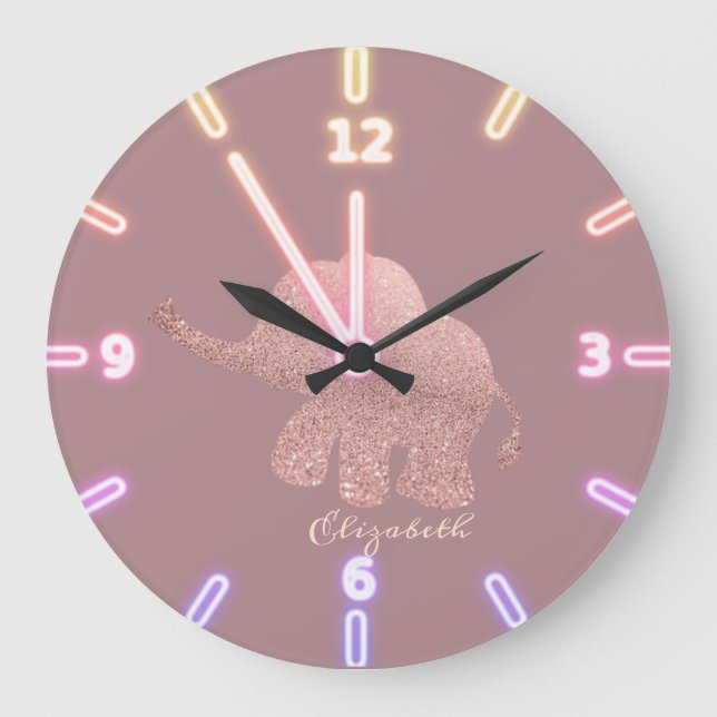 Cute Glitter  Rose Gold  Elephant - Personalized Large Clock (Front)