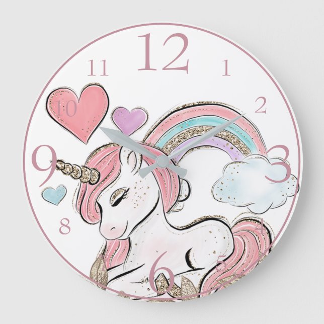 Cute Glitter Unicorn and Rainbow with Hearts Large Clock (Front)