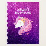 Cute Glitter Unicorn Journal Planner<br><div class="desc">A cute pink and purple glitter unicorn face planner. Makes such a fun gift for a girl. Personalize it with your girl's name. Designed for you by Blackberry Boulevard.</div>