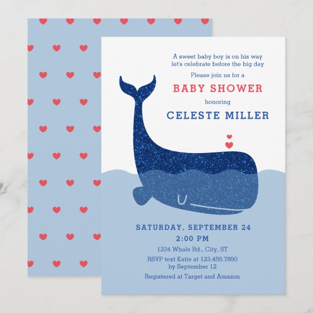 Cute Glitter Whale Baby Shower Invitation (Front/Back)