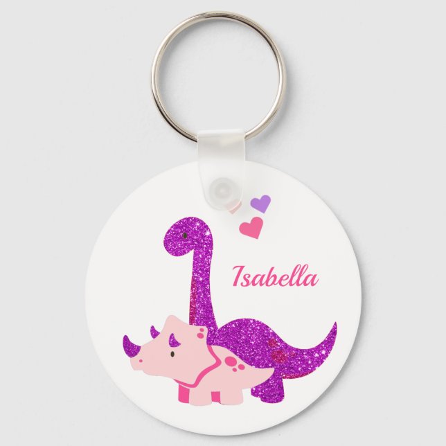 Cute Glittery Dinosaur Purple Personalized  Keychain (Front)