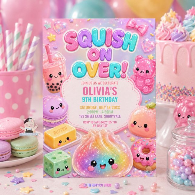 Cute Glittery Dumpling Squishy Party Birthday Invitation (Rainbow Cute Glitter Dumpling Squishy Party Birthday Invitation )
