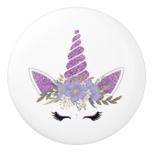 Cute Glittery Purple Unicorn Face Girls oom Decor Ceramic Knob