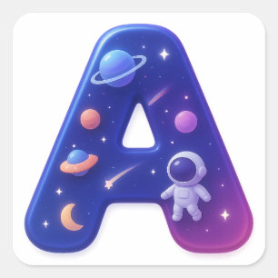 Cute Glossy Space Alphabet Letter A – Galaxy Theme Square Sticker