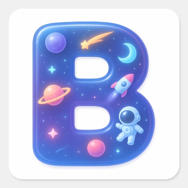 Cute Glossy Space Alphabet Letter B – Galaxy Theme Square Sticker (Front)