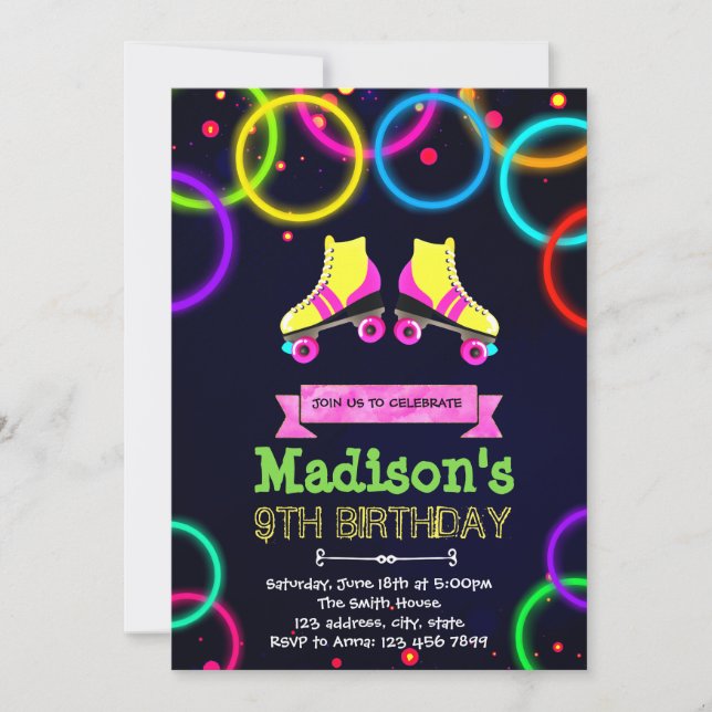 Cute glow roller skate party invitation (Front)