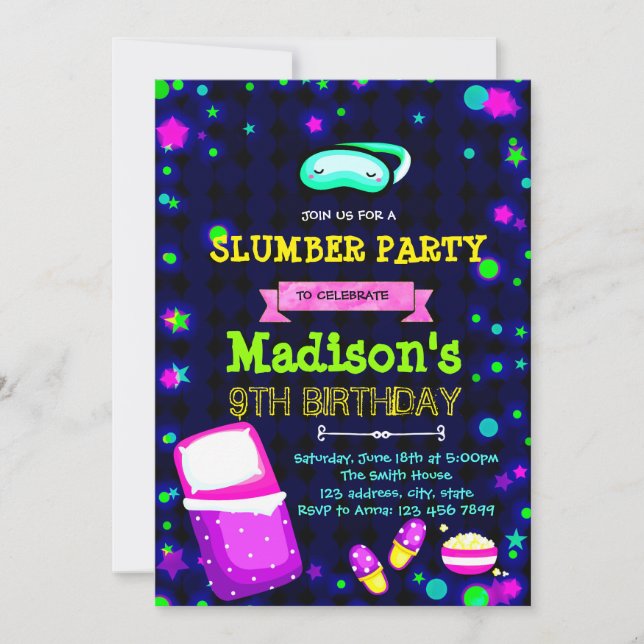 Cute glow slumber birthday party invitation (Front)