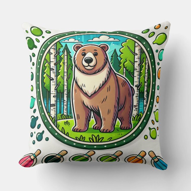 Cute Glowing Bear Illustration with Forest Throw Pillow (Front)