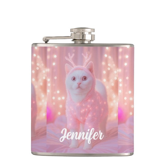 Cute Glowing Reindeer Kitty Winter Fantasy         Hip Flask (Front)