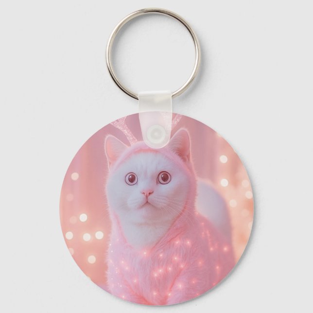 Cute Glowing Reindeer Kitty Winter Fantasy         Keychain (Front)