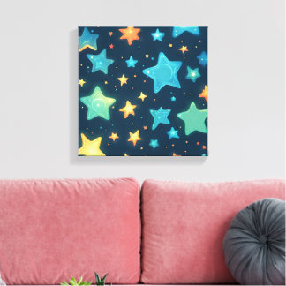 Cute glowing stars on blue canvas print