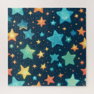 Cute glowing stars on blue jigsaw puzzle