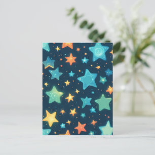 Cute glowing stars on blue postcard