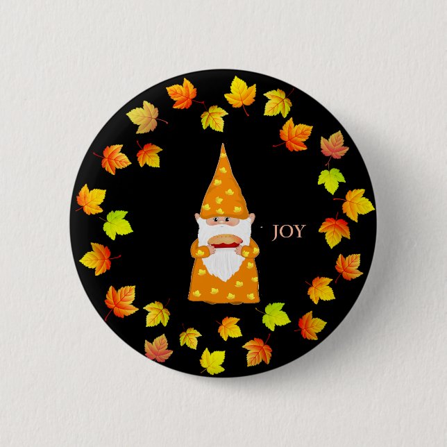 Cute Gnome and Holiday Fall Leaves on Black 2 Inch Round Button (Front)