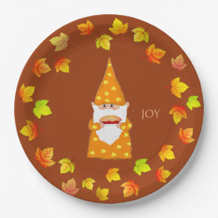 Cute Gnome and Holiday Fall Leaves on Terracotta Paper Plate