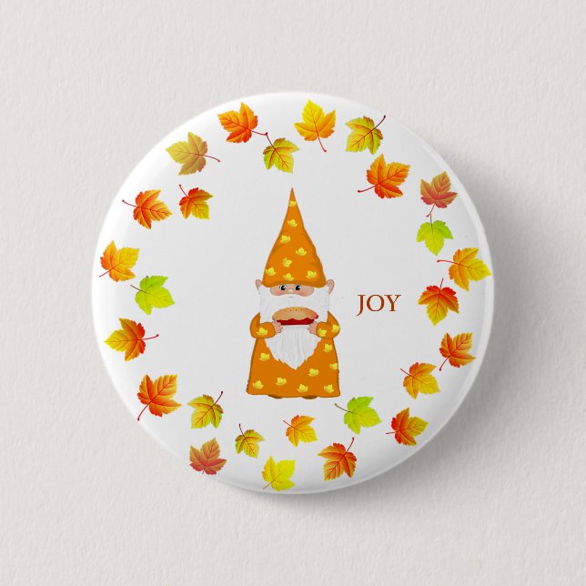 Cute Gnome and Holiday Fall Leaves on White 2 Inch Round Button (Front)