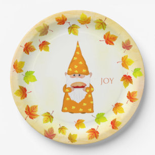 Cute Gnome and Holiday Fall Leaves Paper Plate