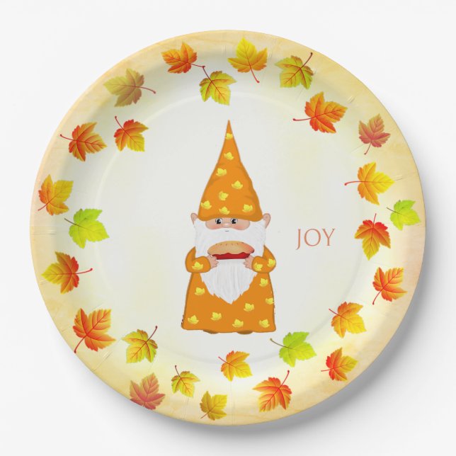 Cute Gnome and Holiday Fall Leaves  Paper Plate (Front)