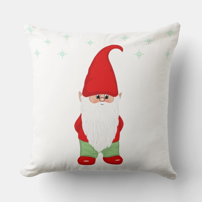 Cute Gnome and Stars on White Throw Pillow (Front)