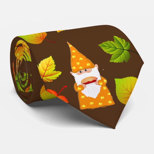 Cute Gnome & Beautiful Autumn Leaves on Brown Tie (Rolled)