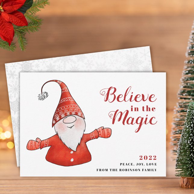 Cute Gnome Believe in the Magic Red Christmas Holiday Card (Creator Uploaded)