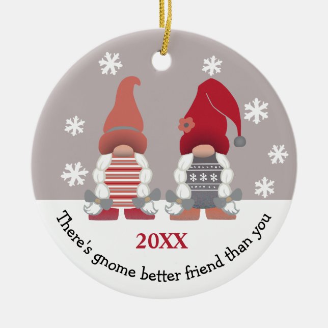 Cute Gnome Better Friend Red Pink Grey White Ceramic Ornament (Front)
