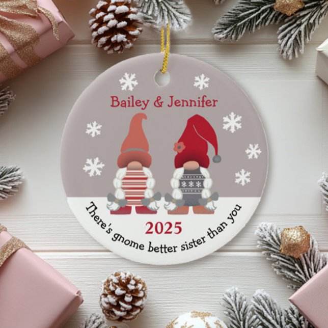 Cute Gnome Better Sister Red Pink Grey White Ceramic Ornament (Creator Uploaded)