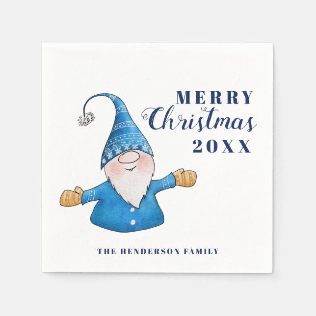 Cute Gnome Blue Merry Christmas Napkin (Front)