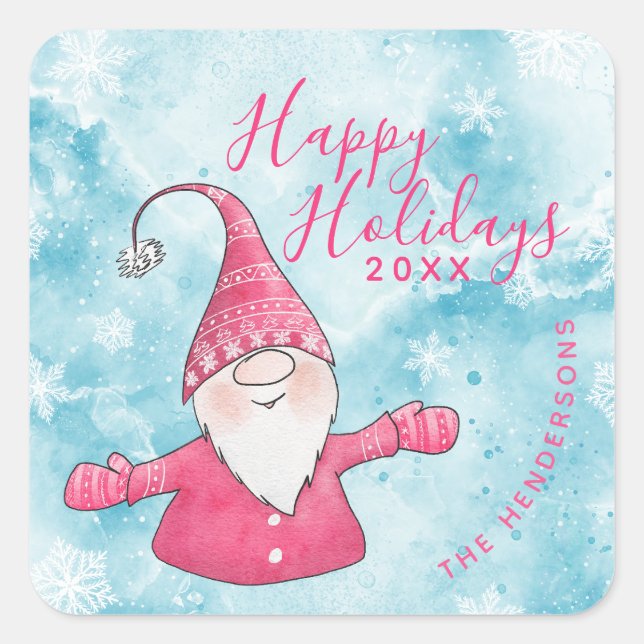 Cute Gnome Blue Pink Happy Holidays Christmas Square Sticker (Front)