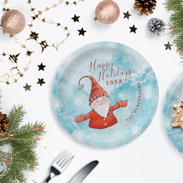 Cute Gnome Blue Red Happy Holidays Paper Plate (Creator Uploaded)