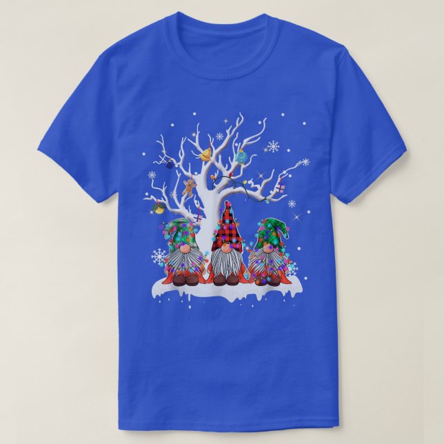 Cute Gnome Buffalo Plaid Christmas Tree Light Ugly T-Shirt (Design Front)