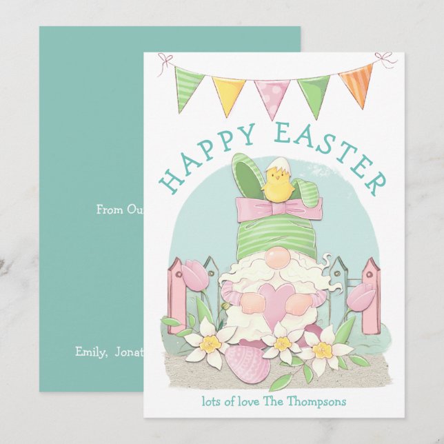 Cute Gnome Bunny Chick Florals Teal Happy Easter Holiday Card (Front/Back)
