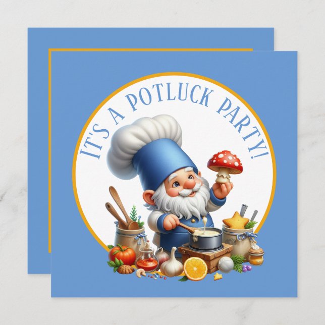 Cute gnome chef potluck party invitation (Front/Back)
