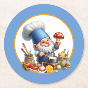 Cute gnome chef potluck party round paper coaster