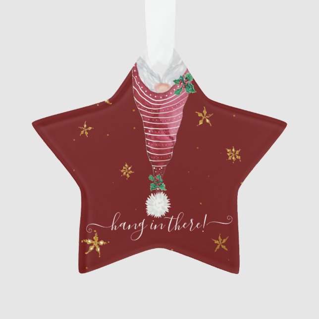 Cute Gnome Christmas Hand in There Gold Star Holly Ornament (Front)
