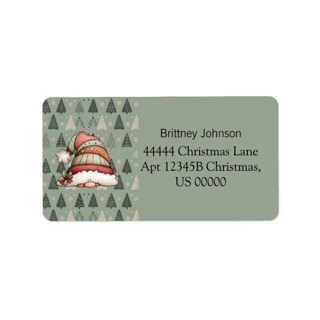 Cute Gnome Christmas Tree Pattern Green Address  Label (Front)