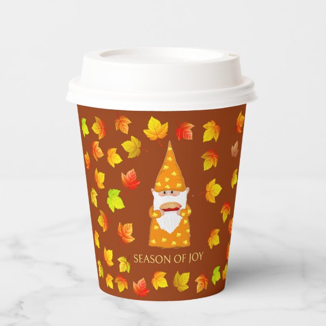 Cute Gnome & Colourful Fall Leaves on Brown Paper Cups (Front)
